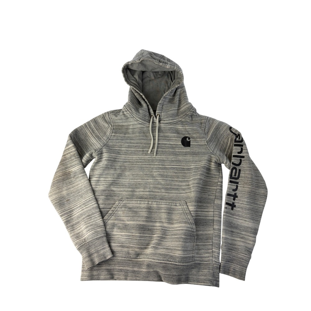 Carhartt Hoodie Womens XS Clarksburg Relaxed Fit Graphic Logo Grey Stripe